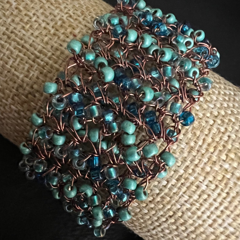 Handcrafted Copper Wire Glass Seed Bead Woven Cuff Bracelet 7.75in Whimsigoth